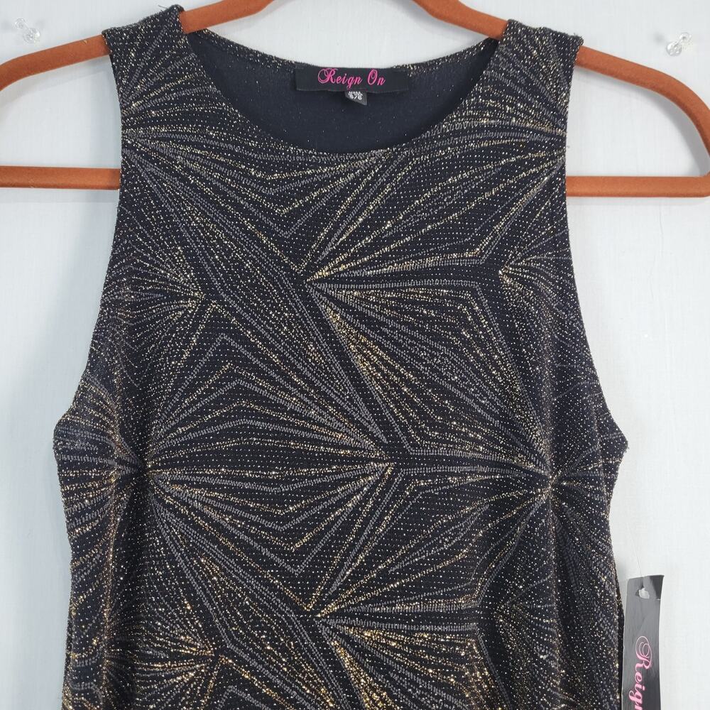 Reign On Sleeveless Shimmer Shift Dress sz 5/6 Black Gold Y2K Prom Party USA New